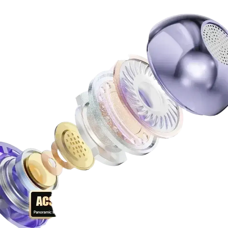 Purple and gold inlayed ear clip headphones with transparent casing showcasing internal air conduction driver components