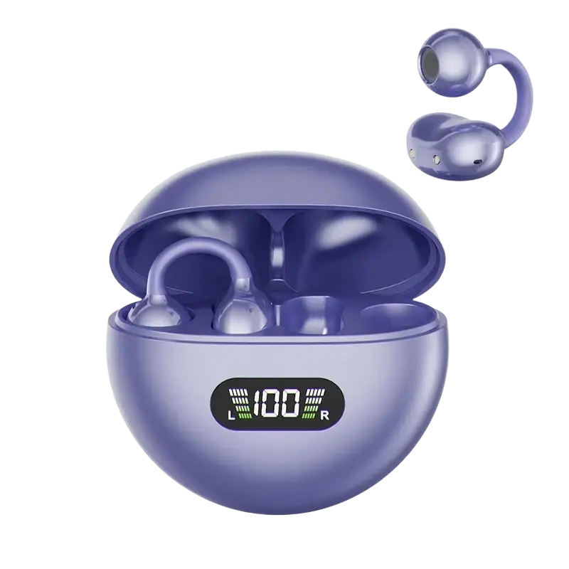 Purple ear clip headphones with air conduction technology and glossy finish featuring a charging case with battery levels