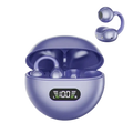 Purple ear clip headphones with air conduction technology and glossy finish featuring a charging case with battery levels
