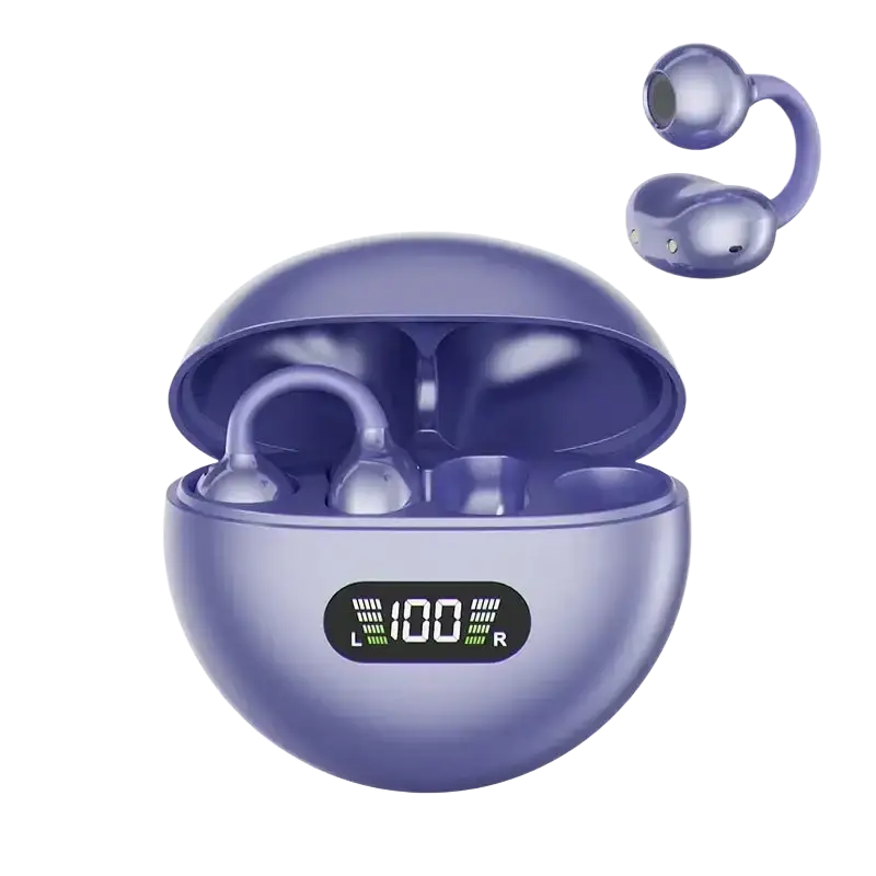 Purple ear clip headphones with sleek curved design and spherical charging case featuring air conduction and battery display