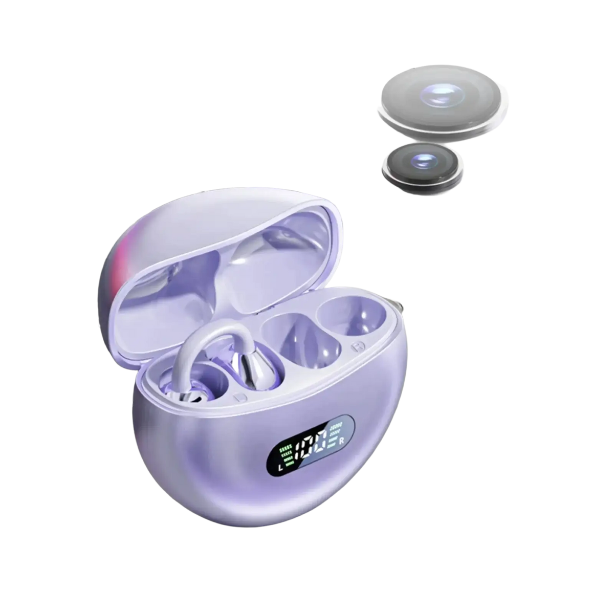 Purple air conduction ear clip headphones with bluetooth 5.4 in a charging case featuring a digital display for sound quality