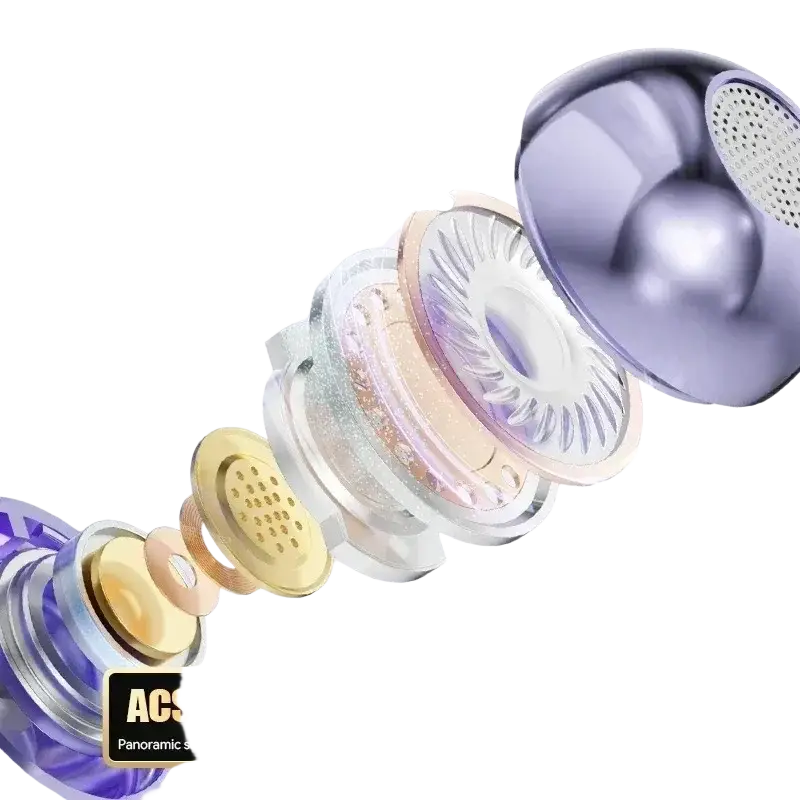 Purple ear clip headphones with sleek metallic finish and transparent casing showcasing air conduction technology sound quality