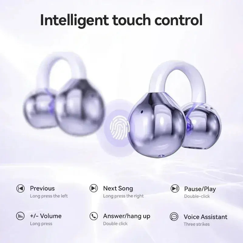 Silver metallic ear clip headphones with white silicone neckband featuring air conduction technology and superior sound quality