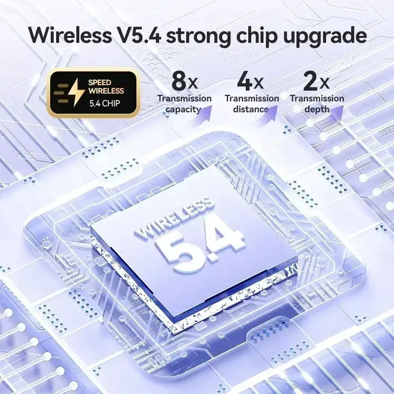 A sleek silver wireless 5.4 chip on a circuit board highlighting air conduction technology for ear clip headphones sound quality