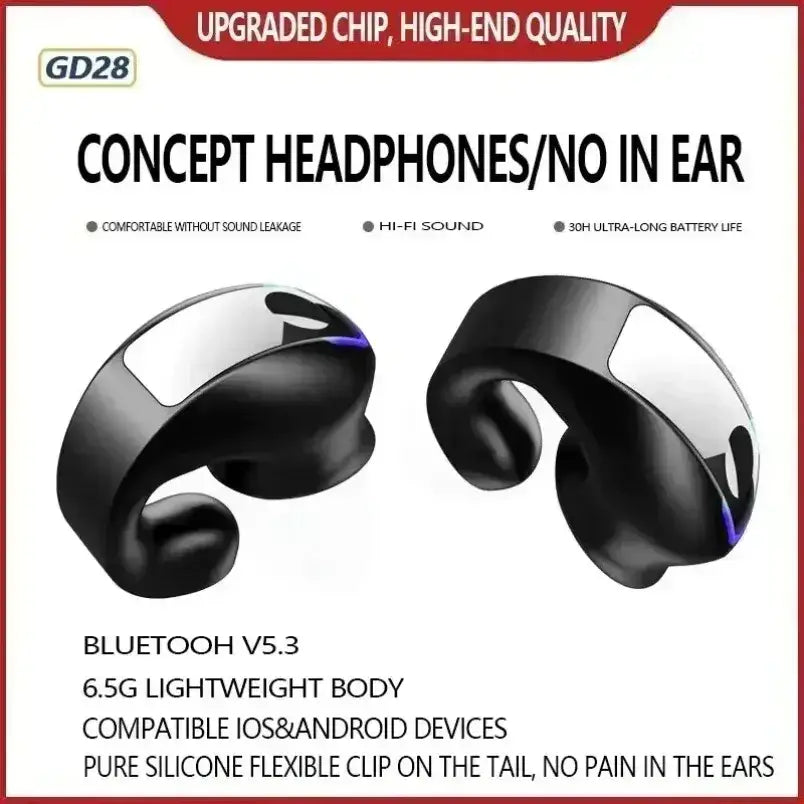 Black and silver gd28 ear clip lightweight wireless earbuds with pure silicone flexible clips for comfortable sport use