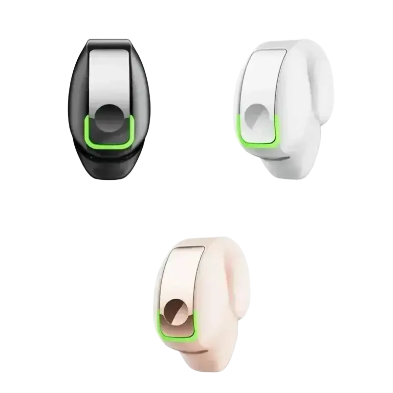 Ear clip lightweight bluetooth 5.3 sport headphones in black white and beige with sleek design and glowing green accent