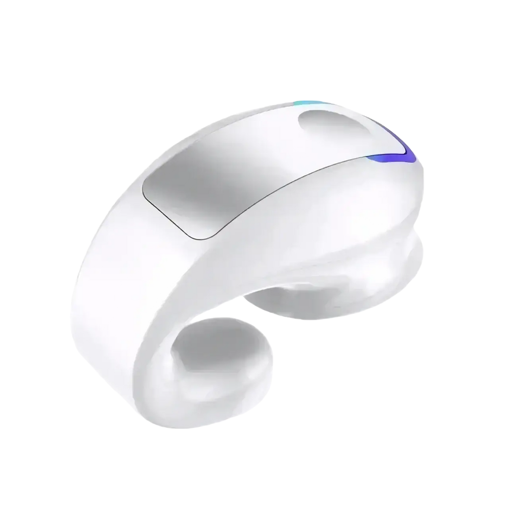 White ergonomic ear clip lightweight bluetooth 5.3 sport headphones with sleek curved design and blue led lighting accents