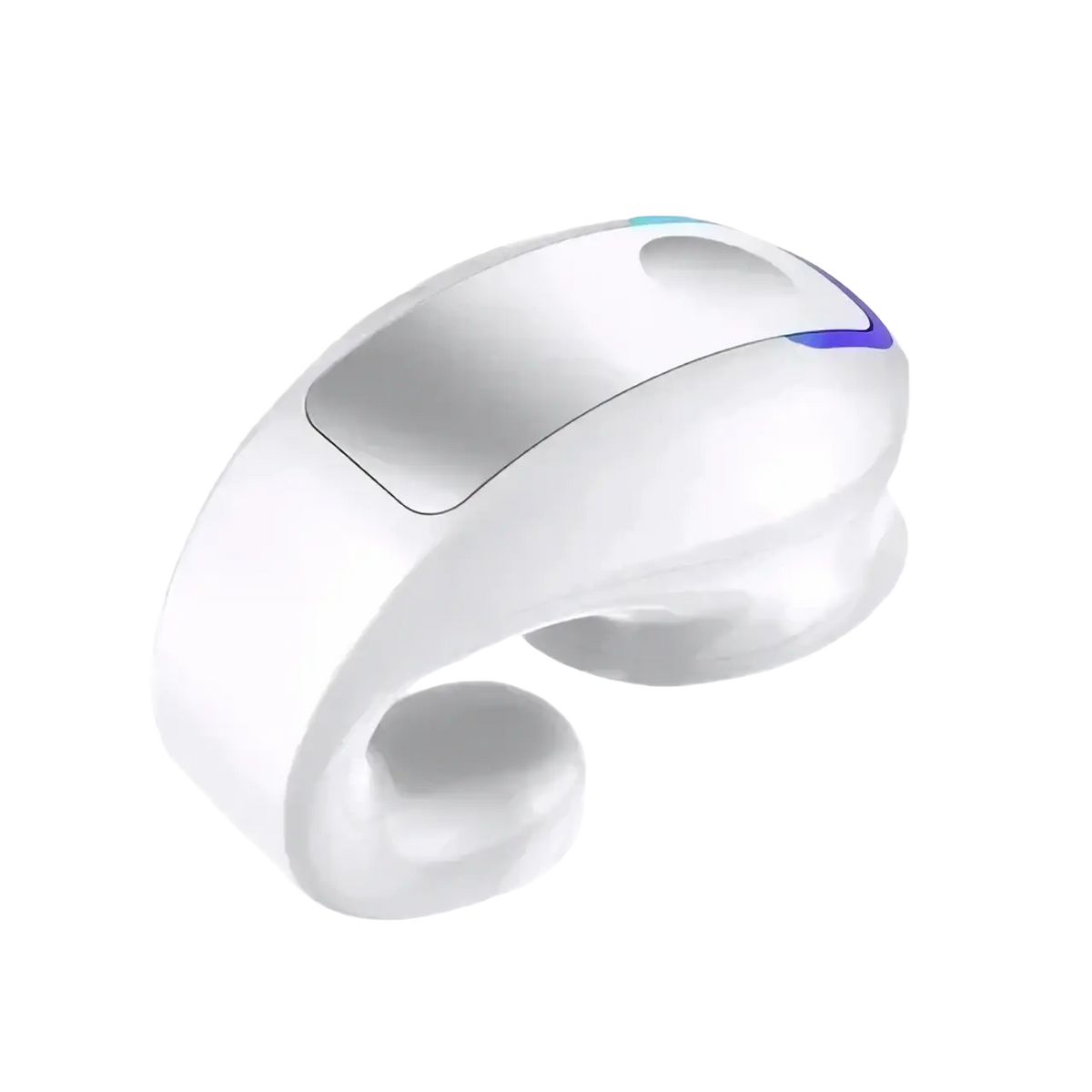 White ergonomic massage wristband with sleek curved design and subtle blue LED lighting, paired with ear clip lightweight headphones