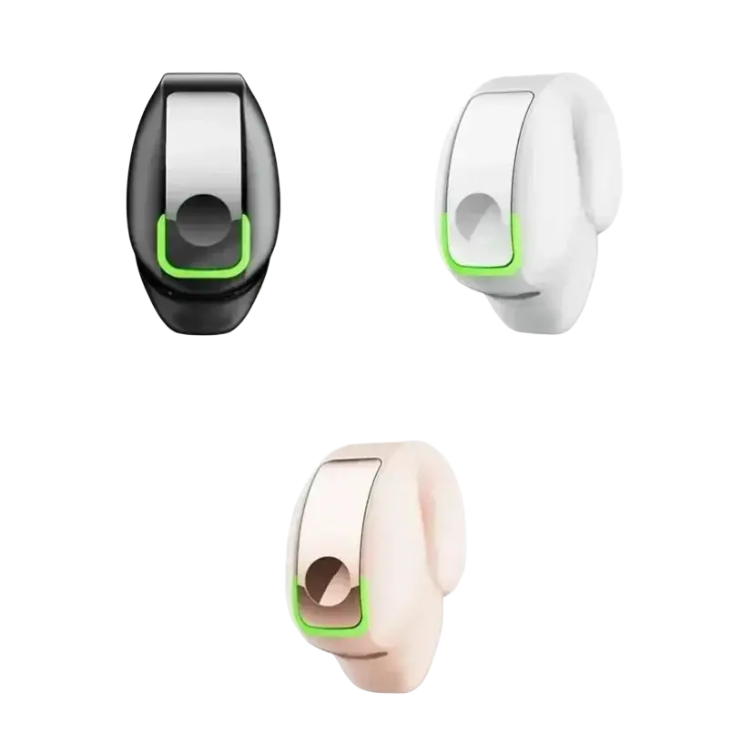 Ear clip lightweight bluetooth sport earbuds in wise black piano white and rose pink with matte finish and green accent ring