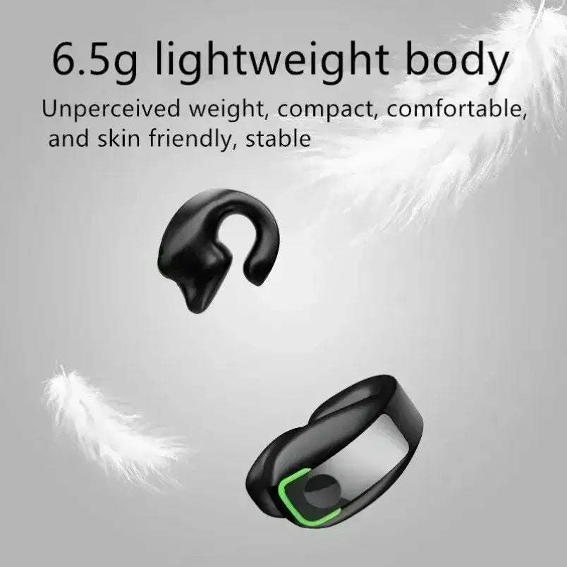 Black ear clip lightweight bluetooth headphones with sleek design and green accent lighting on waterproof sport earbuds case