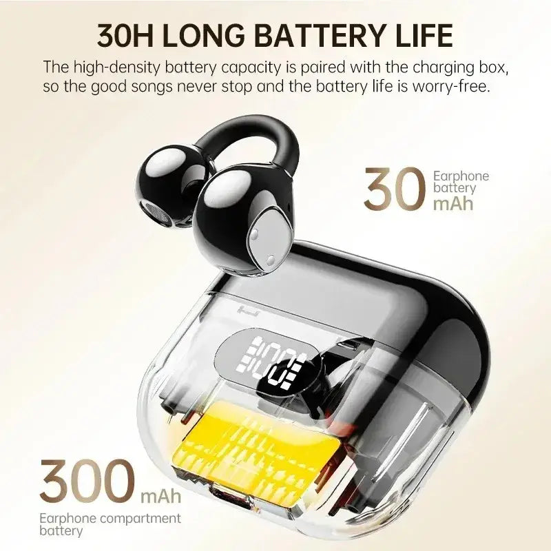 Black ear clip wireless earbuds with silver accents inside transparent charging case with digital display