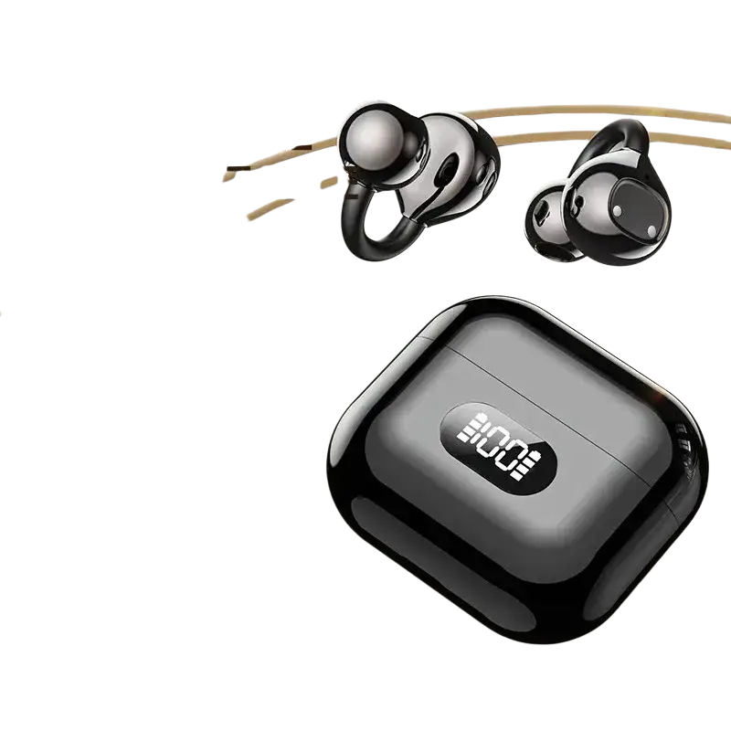 Black ear clip wireless earbuds with glossy finish and matching charging case featuring hd digital display