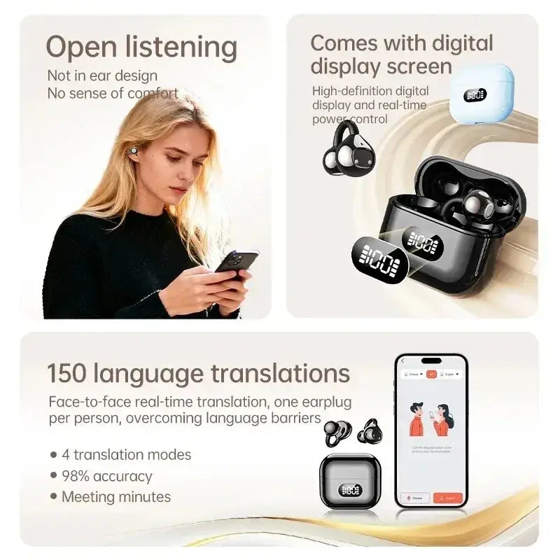Black ear clip wireless earbuds with sleek design and digital display charging case for convenient power management