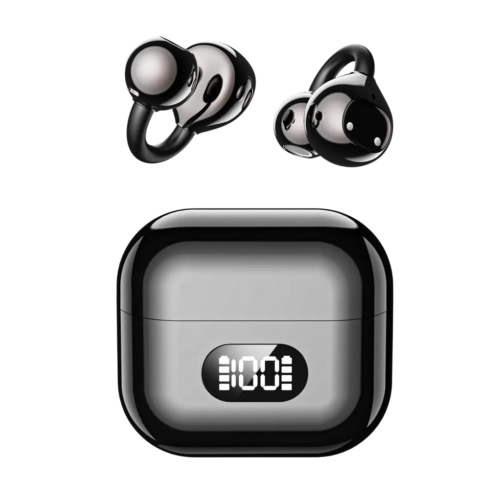 Black ear clip wireless earbuds with glossy finish and charging case featuring illuminated digital display