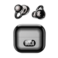 Black ear clip wireless earbuds with glossy finish and charging case featuring illuminated digital display