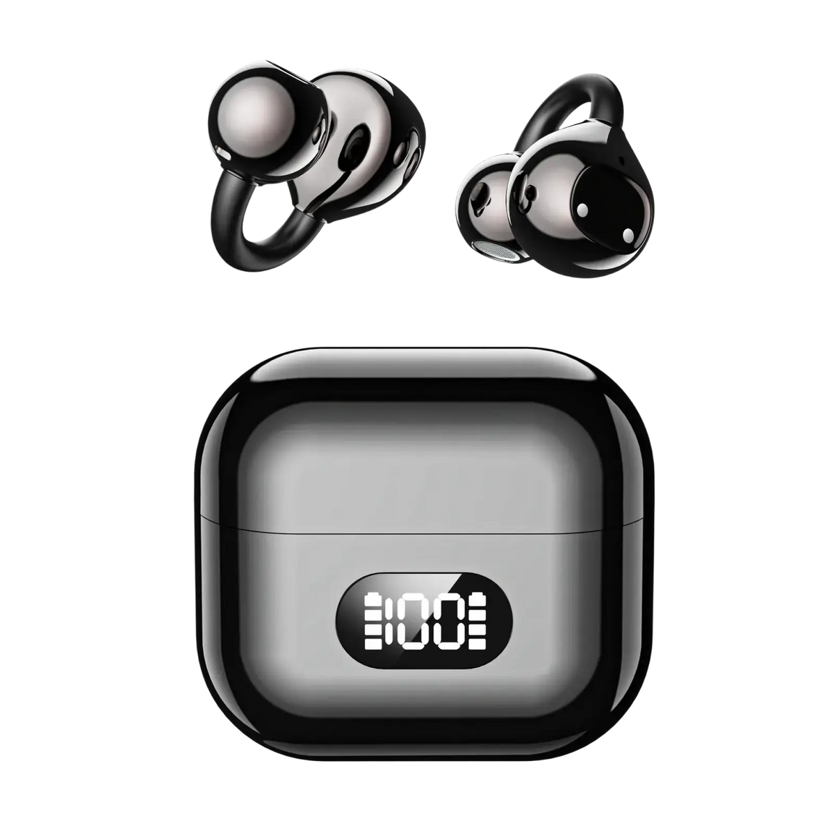 Black ear clip wireless earbuds with glossy finish and charging case featuring illuminated digital display