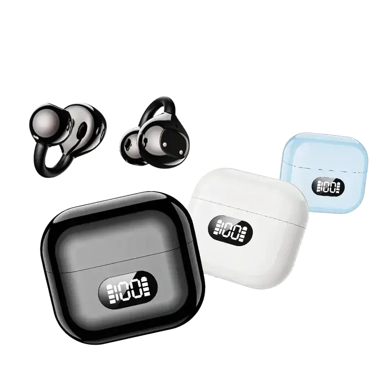Black sleek ear clip wireless earbuds with digital display charging case for convenient power monitoring
