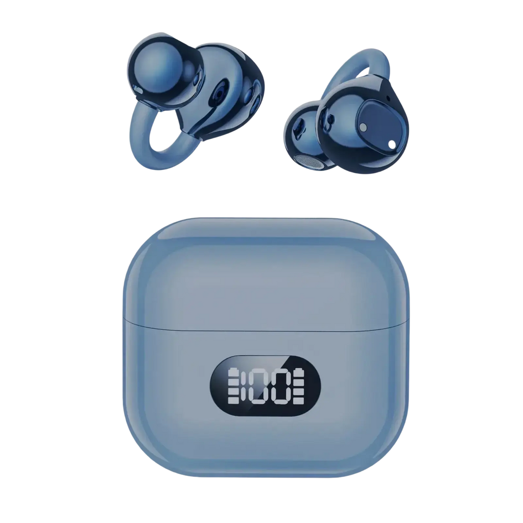 Blue ear clip wireless earbuds with matching charging case featuring digital display for battery status
