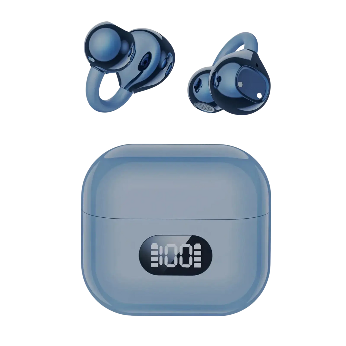 Blue ear clip wireless earbuds with matching charging case featuring digital display for battery status