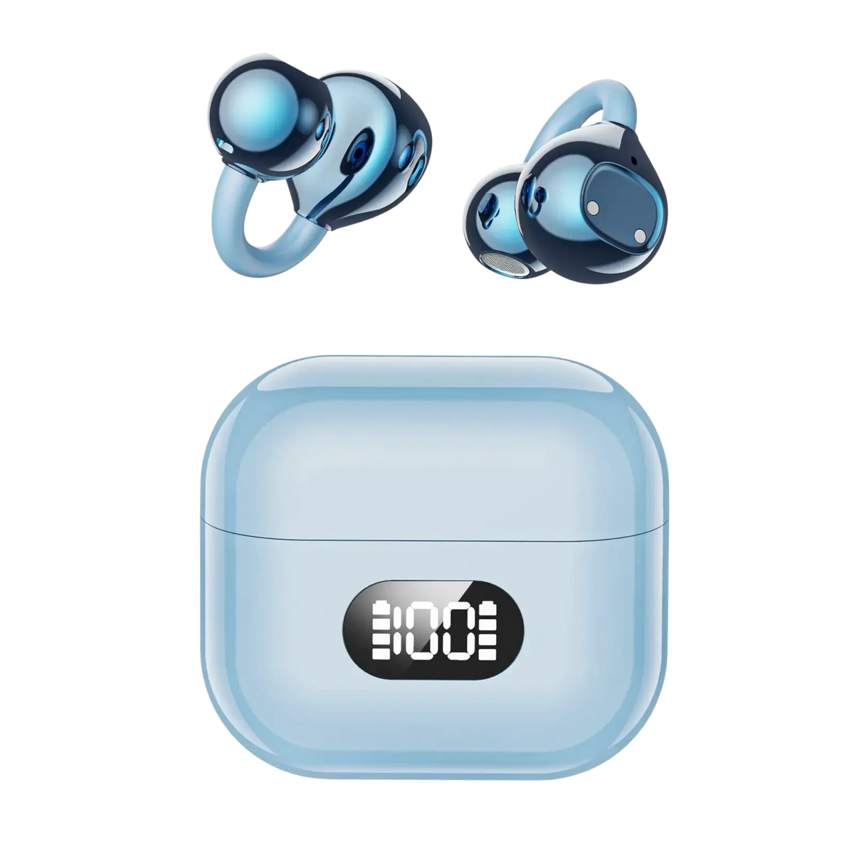 Blue translucent ear clip wireless earbuds with glossy finish and matching light blue charging case with digital display