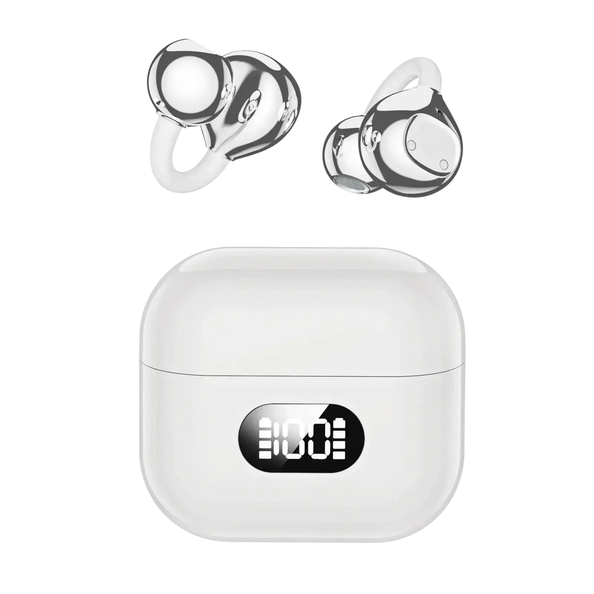 Silver ear clip wireless earbuds with white silicone ear tips and a white charging case with illuminated digital display