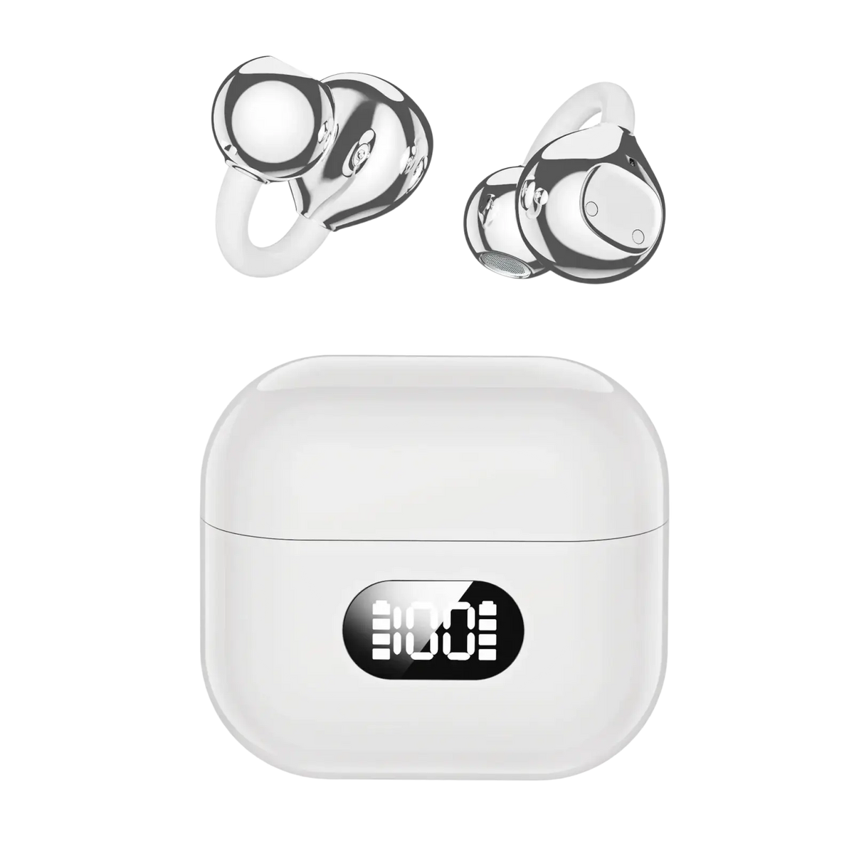 Silver-finished ear clip wireless earbuds with sleek ergonomic design and white charging case featuring digital display