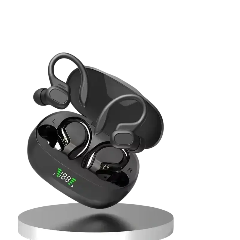 Black ear hook wireless earbuds with hifi stereo and vocalism principle in a charging case with green digital indicators
