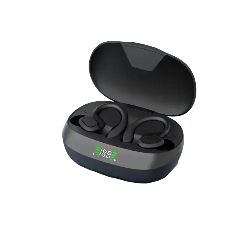 Black ear hook wireless earbuds with hifi stereo and vocalism principle in a sleek charging case with battery display
