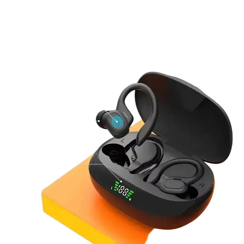 Black ear hook wireless earbuds with hifi stereo vocalism principle and illuminated ergonomic charging case