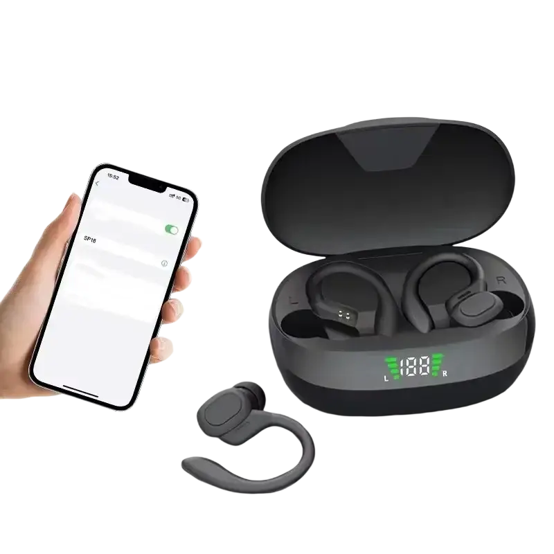 Black ear hook wireless earbuds with hifi stereo sound and vocalism principle featuring a charging case with battery level display