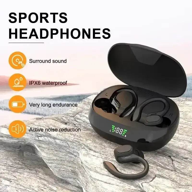Black ear hook wireless earbuds with hifi stereo sound and an ipx6 waterproof charging case showing battery level