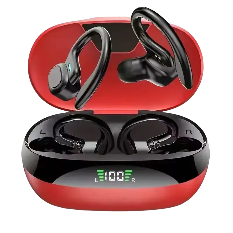 Red and black ear hook wireless earbuds with hifi stereo and vocalism principle in a charging case showing battery level