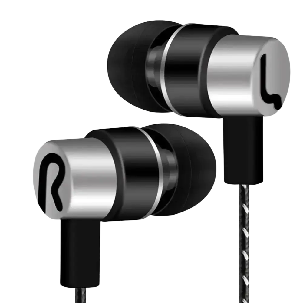 Black and silver in-ear wired headphones with sleek metallic finish and braided cable featuring bass stereo effect
