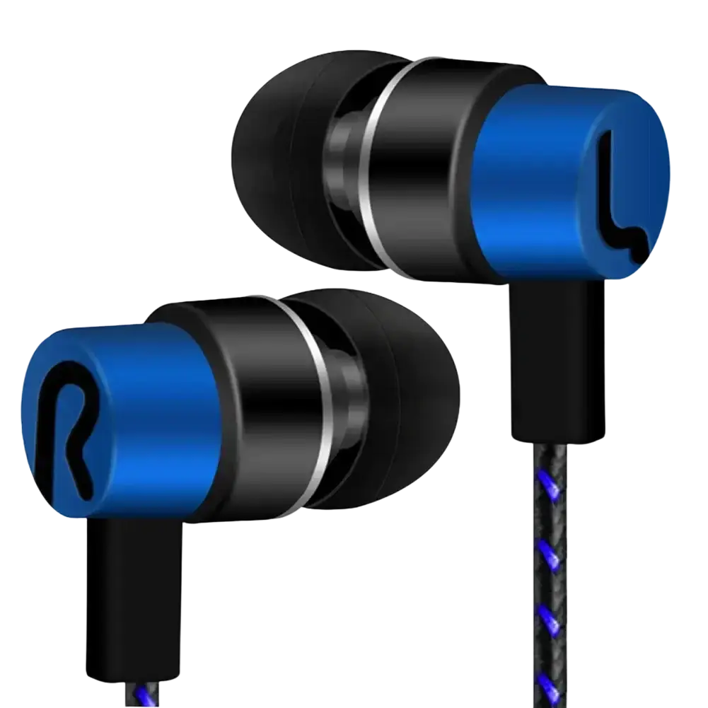 Blue and black in-ear wired headphones with metallic finish featuring bass stereo effect and iconic r logo on earbuds