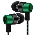 In-ear wired headphones in green and black with a metallic finish and braided cable for bass stereo effect