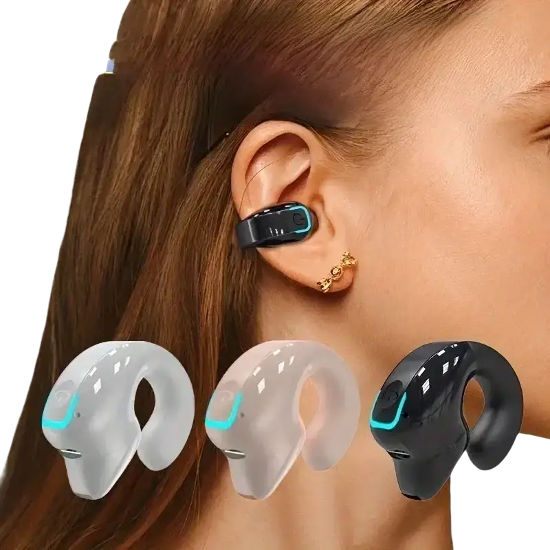 Black and translucent silicone wireless bluetooth earbuds with blue led accents featuring noise reduction and earphone clip