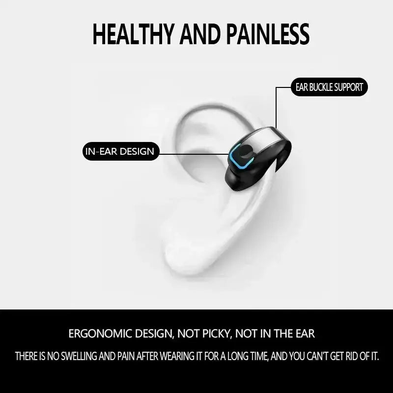 Black and silver wireless bluetooth earphone clip with blue accent light featuring noise reduction and high quality sound
