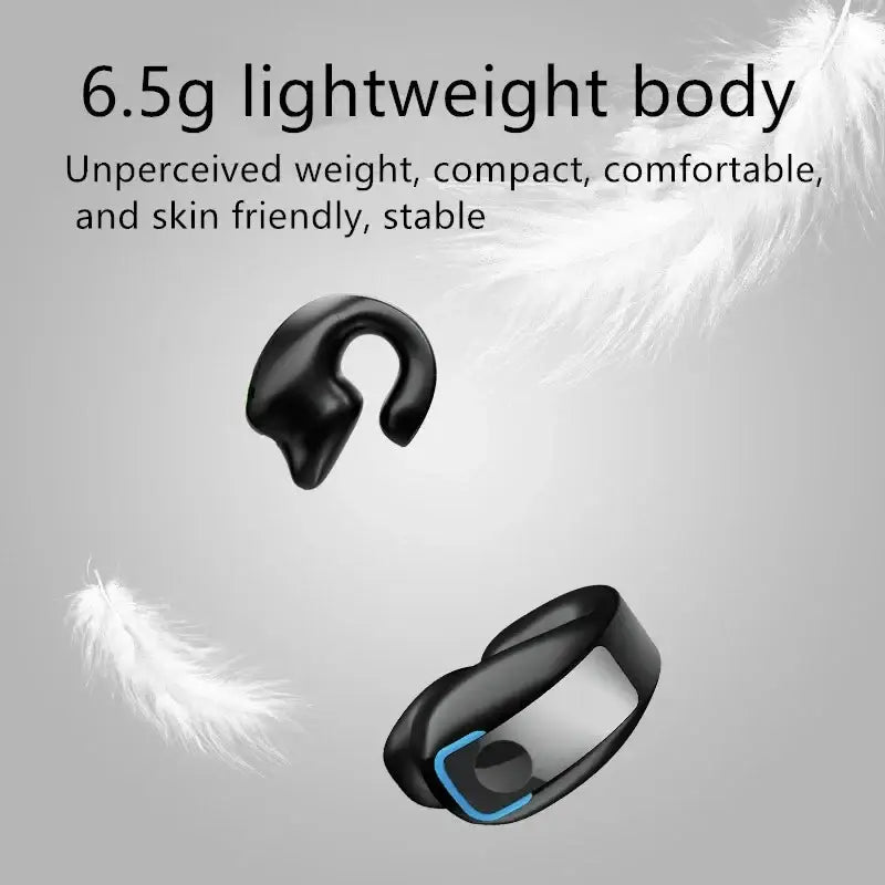 Black silicone earphone clip wireless open ear headset with blue accent lighting and high quality noise reduction design