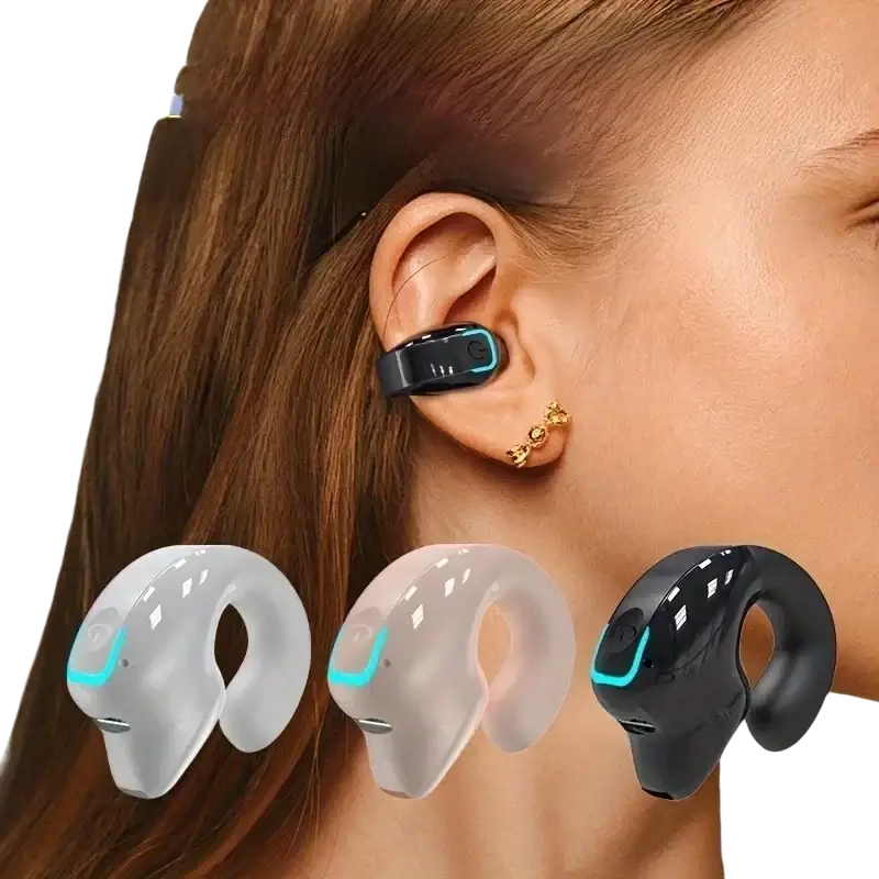Black and translucent silicone earphone clip with glowing blue accent light for wireless open ear headset noise reduction