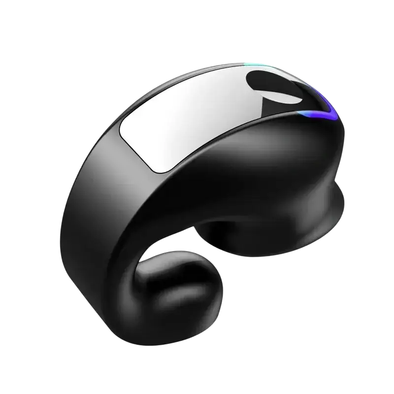 Black and silver wireless earphone clip headset with sleek curved design and glowing blue led lights for noise reduction