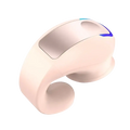 A sleek blush pink wireless earphone clip with metallic silver panel and blue led accents for noise reduction and high quality