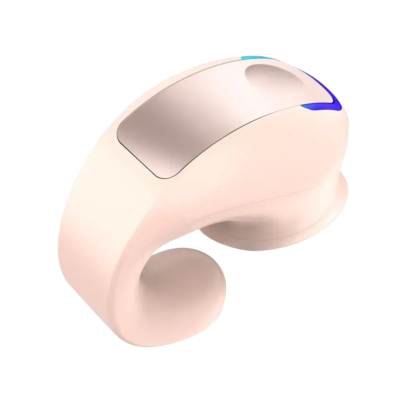 A sleek blush pink wireless earphone clip with metallic silver panel and blue led accents for noise reduction and high quality