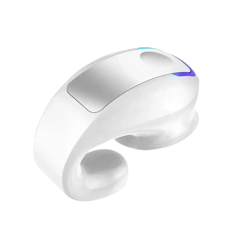 White ergonomic wristband earphone clip with sleek design and blue led accents for high quality noise reduction