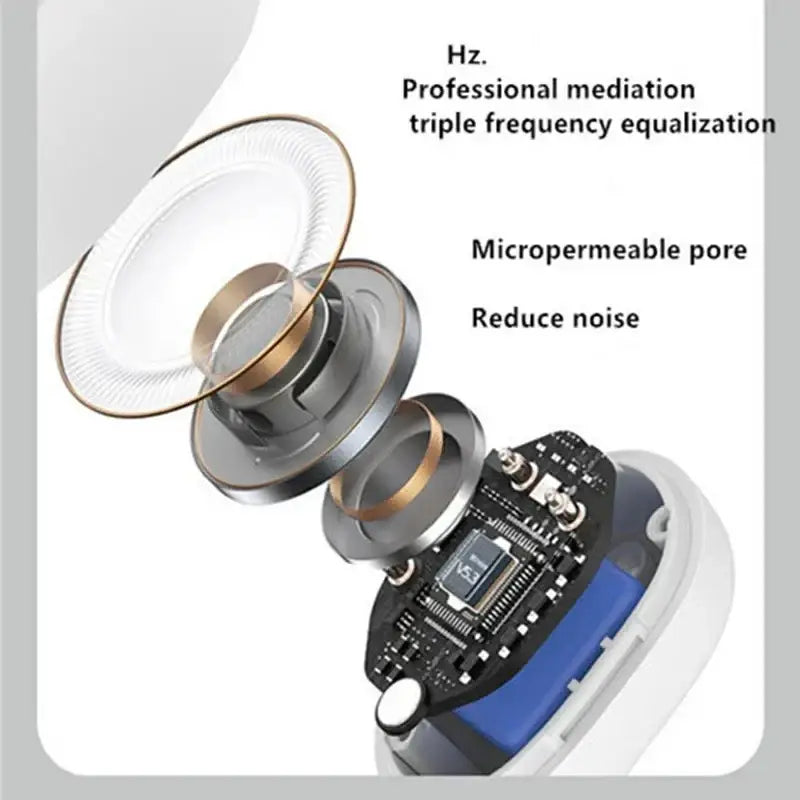White and blue wireless earphone clip with metallic gold accent and exposed circuit board for high quality noise reduction