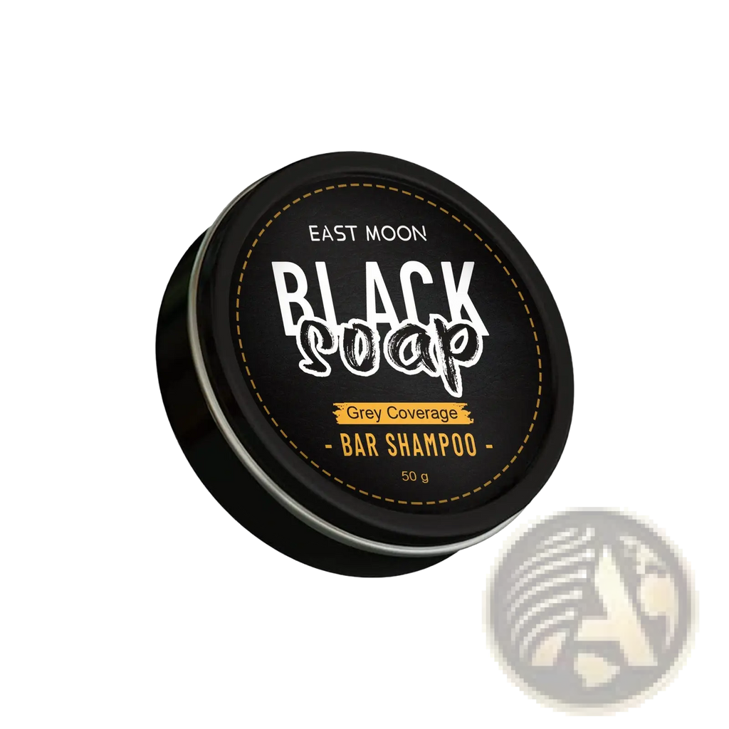 East moon mens grey coverage black soap bar shampoo in a sleek black tin with gold stitching and white lettering