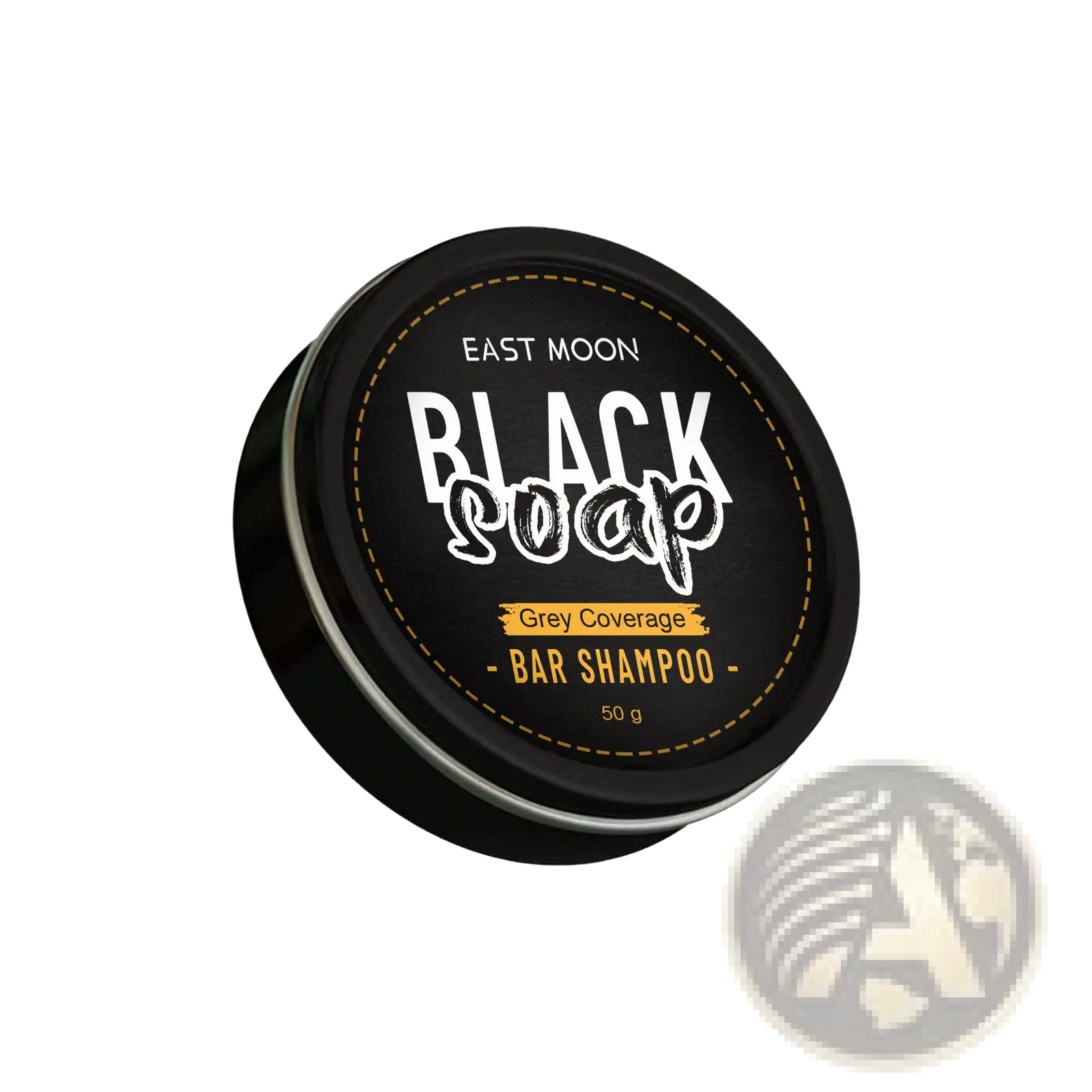East moon mens grey coverage black soap bar shampoo in a sleek black tin with gold stitching and white lettering