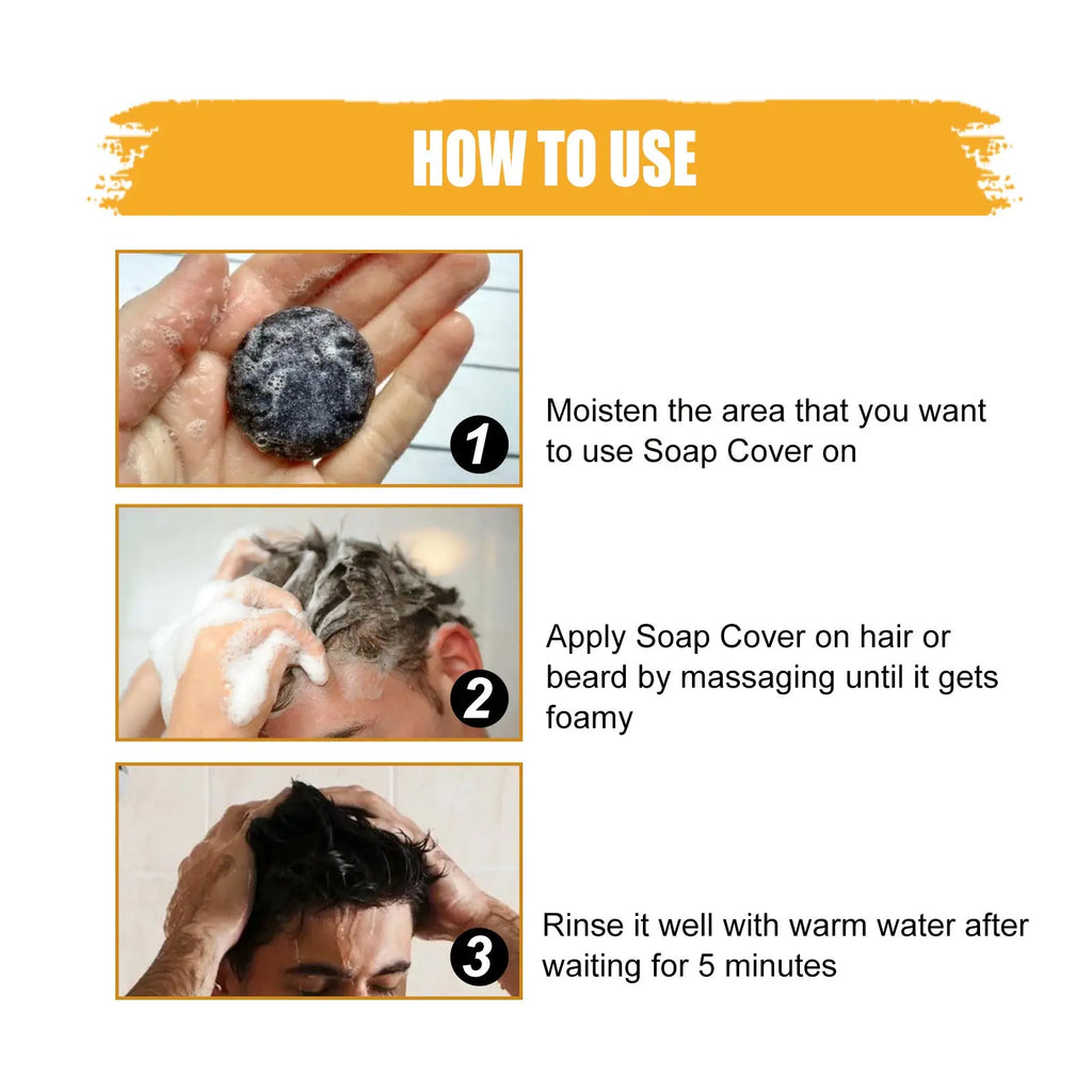 Dark gray round textured soap bar for hair and beard cleansing by East Moon men with grey coverage formula