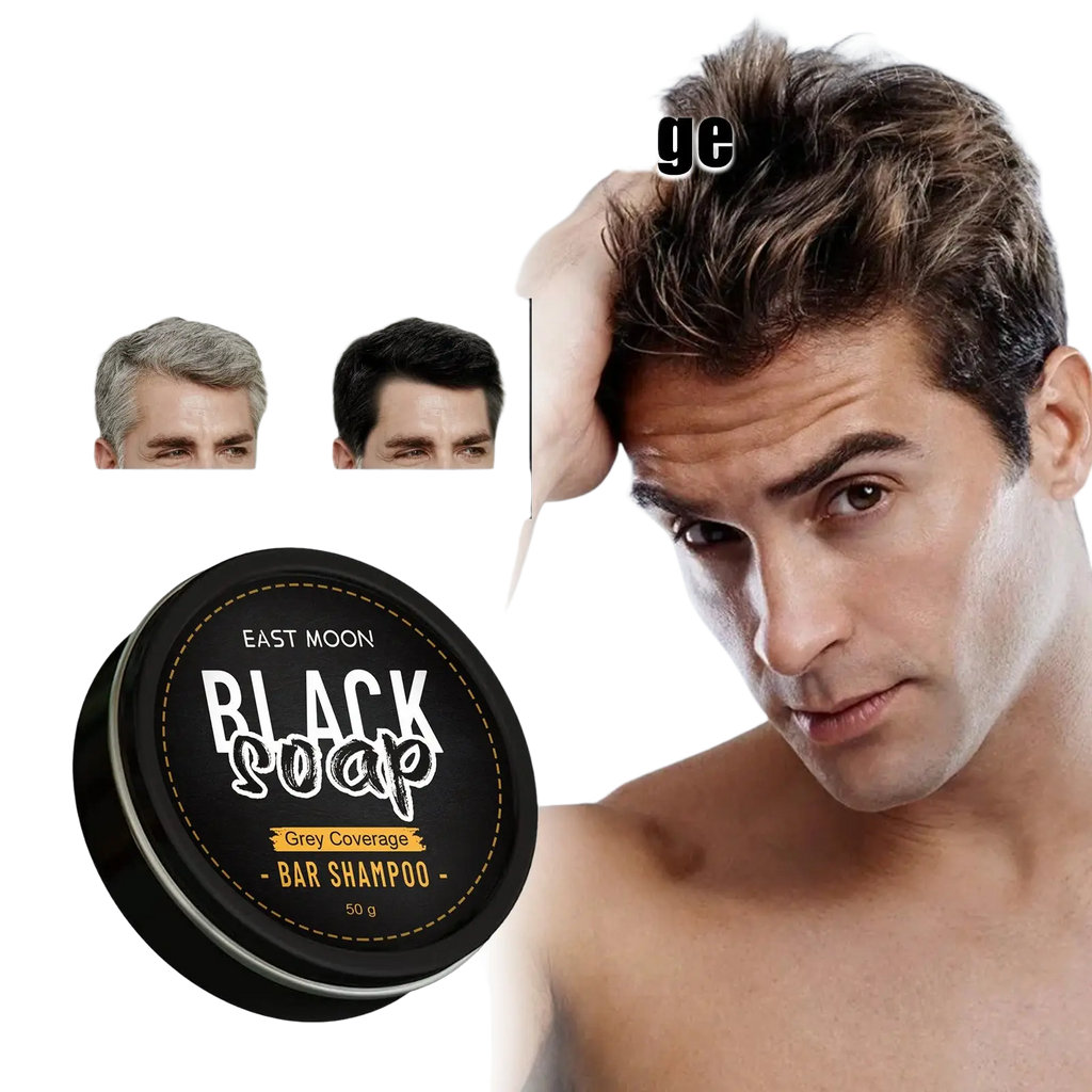 East Moon men’s grey coverage black soap bar shampoo in a sleek black circular container with white and gold text