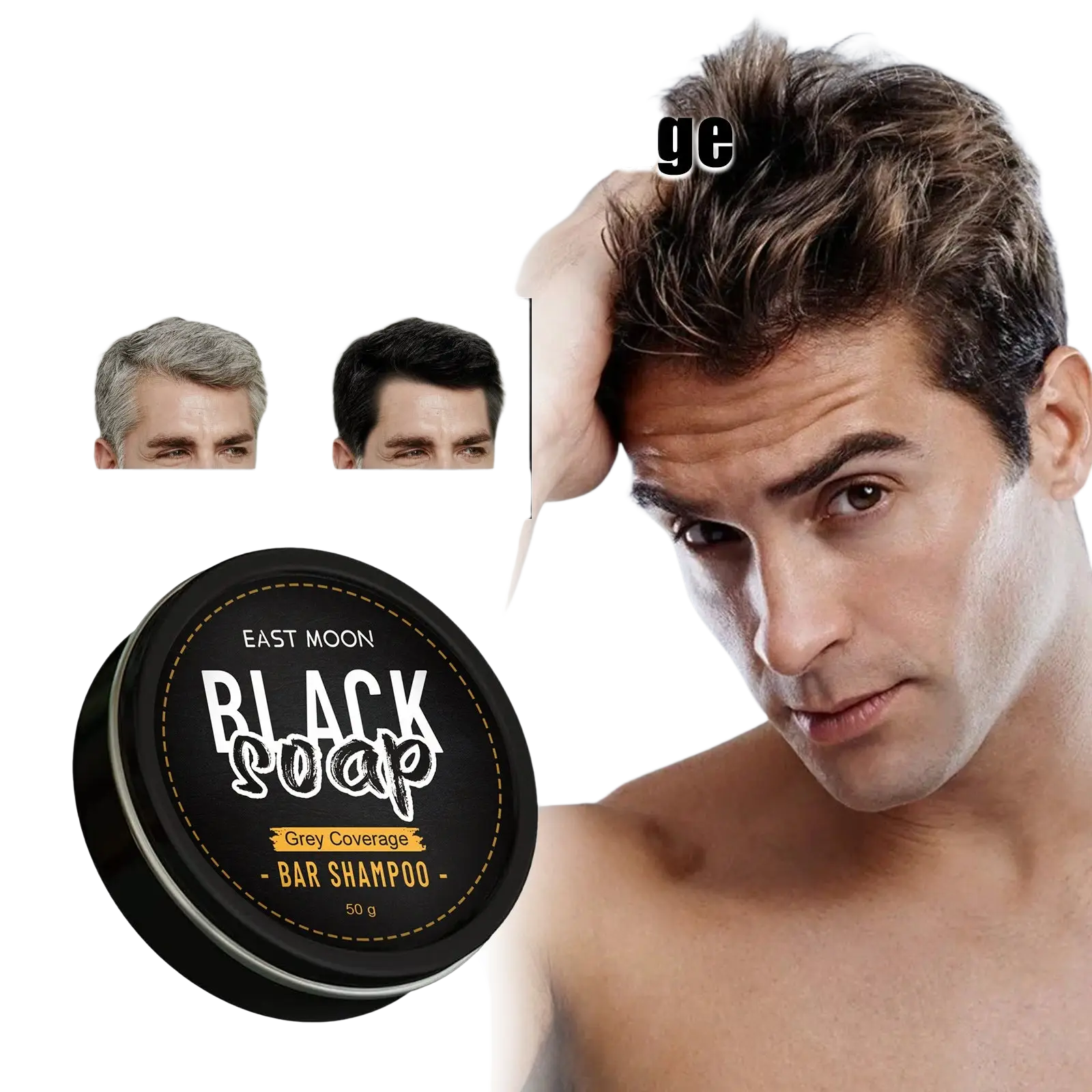 East Moon men’s grey coverage black soap bar shampoo in a sleek black circular container with white and gold text