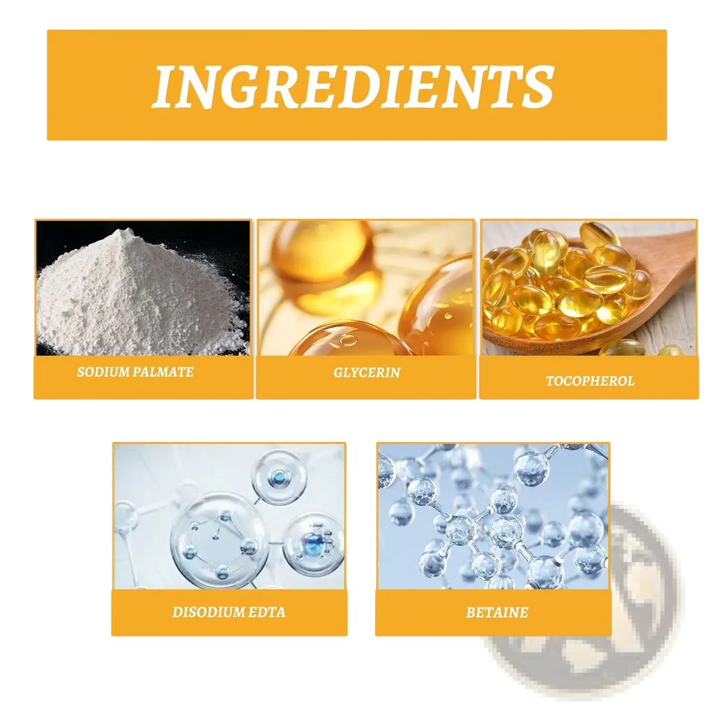 The back of east moon men’s grey coverage black hair soap bar showing ingredients sodium palmitate glycerin vitamin e and betaine